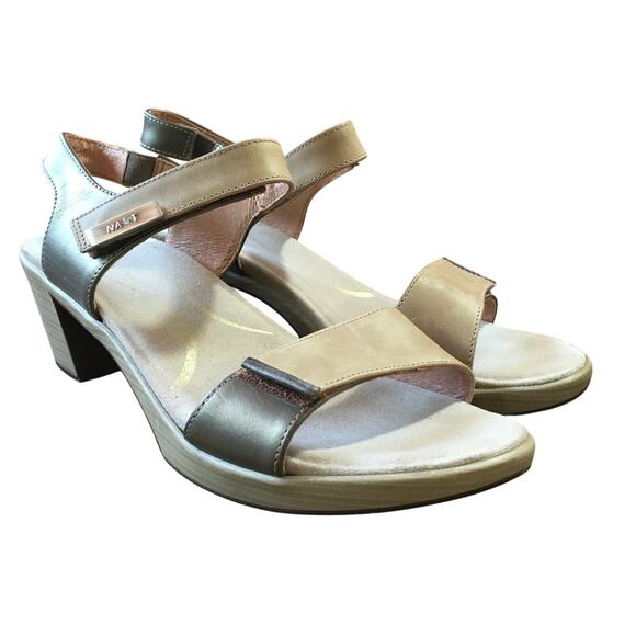 Naot Intact Leather Ankle Strap Heel Sandal Beige Pewter Khaki Womens Size 39 8 - Picture 1 of 8